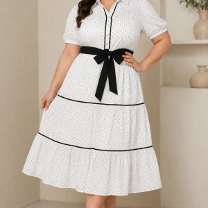 Vestido Midi Blanco de Lunares con Cinturón Negro