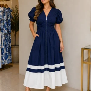 Vestido Midi Azul Marino con Cremallera Mangas Abullonadas y Bajo en Contraste