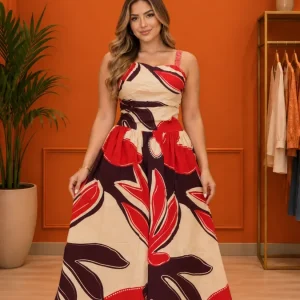 Vestido Midi Estampado Abstracto Rojo, Vino y Beige