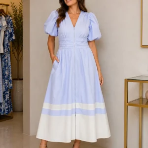 Vestido Midi Lila Claro con Cremallera, Cintura Fruncida y Bajo en Contraste