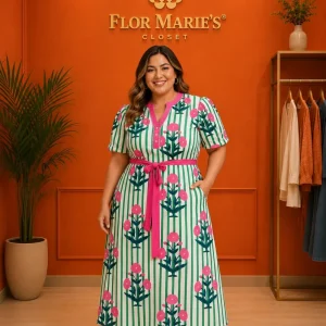 Vestido Midi Plus Size Rayas Verdes con Flores Rosas |Vestido Talla Grande para Mujer en Panamá