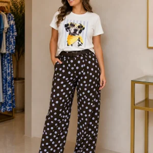SARISA Pantalón Ancho Café Lunares Lila