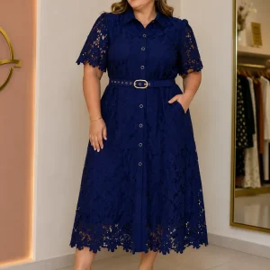 Vestido Camisero de Encaje Azul Marino