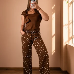 Pantalón Chocolate de Lunares blanco Wide Leg para Mujer/Pantalón para Mujer en Panamá