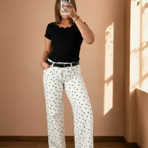 Pantalón Crema de Lunares Negro Wide Leg para Mujer/Pantalón para Mujer en Panamá