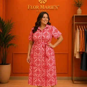 Vestido Camisero Plus Size Estampado Rojo y Rosa | Vestido Talla Grande para Mujer en Panamá