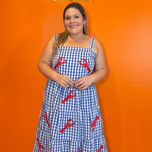 Vestido Plus Size Maxi Cuadros Vichy Azul Con Bordado De Langosta/ Tirantes/Flor Marie´s Closet Panama