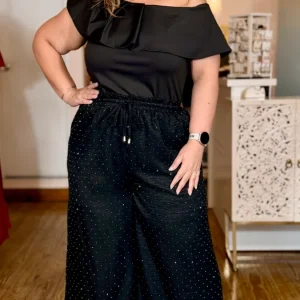 Pantalón Plus Size Palazzo Negro con Puntos Brillantes – Mujer | Pantalón Ancho Elegante y Cómodo en Panamá
