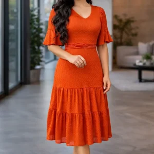 Vestido Maxi Midi Terracota Texturizado