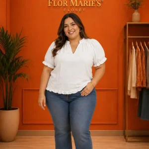 Blusa Blanca Plus Size Cuello V Mangas Bombachas/Moda Curvy para Mujer en Panamá
