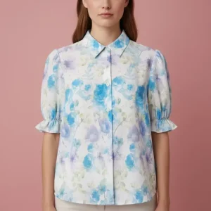 Blusa Floral Azul para Mujer en Panamá/Camisa Elegante con Mangas Abollonadas y Botones Frontales