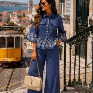 Conjunto Azul Marino Bordado Floral