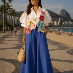 Blusa Blanca con Bordado Floral Multicolor y Mangas Abullonadas