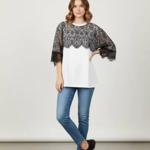 Blusa Blanca con Encaje Negro para Mujer/Blusa Elegante Casual Chic en panamá