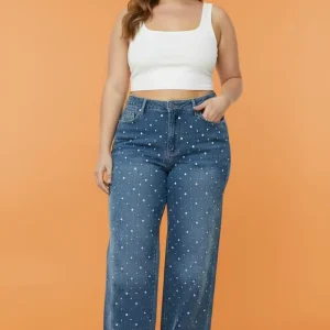 Pantalón Jeans Plus Size Wide Leg con Perlas/Moda Curvy para Mujer en Panamá