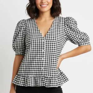 Blusa Cuadros Vichy Negra y Blanca para Mujer/Blusa Casual Chic en Panamá