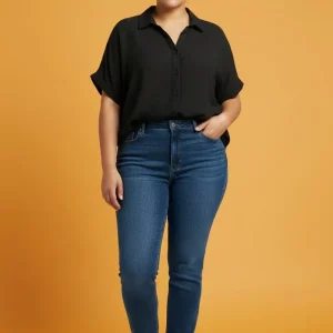 BLUSA PLUS SIZE NEGRA DE GASA MANGA CORTA TIPO CAMISERO/ROPA DE MUJER BOUTIQUE PANAMA