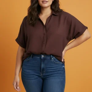 Blusa Plus Size Chocolate De Gasa Manga Corta Tipo Camisero/ Ropa De Mujer Boutique Panama