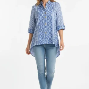 Blusa Camisera Rayas Azul Con Bordado Para Mujer