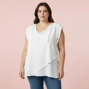 BLUSA BLANCA PLUS SIZE- CON CUELLO DRAPEADO Y BOTONES