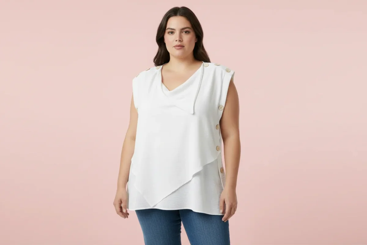 BLUSA BLANCA PLUS SIZE- CON CUELLO DRAPEADO Y BOTONES