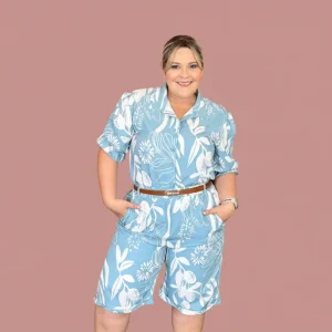 Blusa Azul Estampada para Mujer en Panamá/Camisa Floral Elegante y Fresca Manga Corta