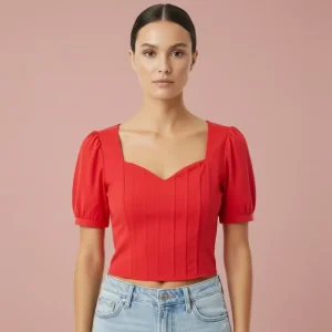 Blusa Roja Elegante para Mujer en Panamá/Manga corta Abullonada y Corte Entallado