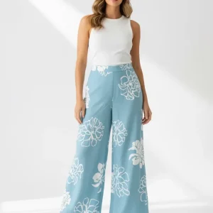 Pantalón Palazzo Azul Floral para Mujer en Panamá/Pantalón Elegante de Pierna Ancha y Tela fresca