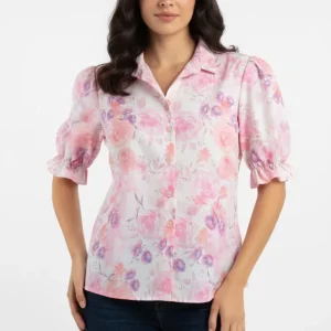 Blusa Floral Elegante para Mujer en Panamá/ Camisa Rosada con Mangas Abullonadas y Botones frontales