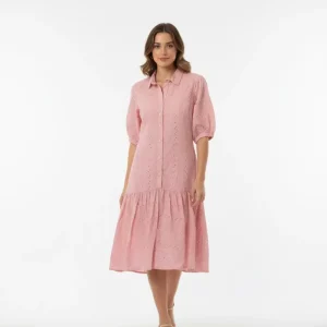 Vestido Rosado Bordado para Mujer – Vestido Casual de Verano con Botones y Cuello | Moda Femenina en Panamá