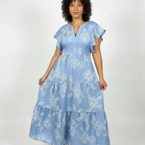 Vestido midi azul floral de algodón para mujer | Vestido casual fresco verano Panamá