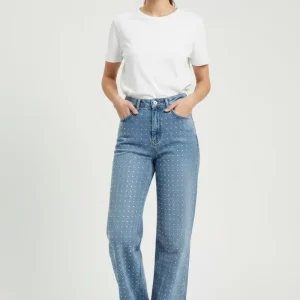 Jeans Recto con Brillos para Mujer en Panamá / Pantalón Denim Azul Tiro Alto Elegante/Tendencia Panamá
