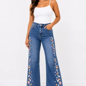 Pantalón Palazzo jean Bordado Floral para Mujer/Jeans de Moda en Panamá