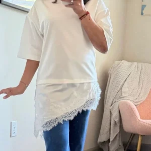 TOP BLANCO OVERSIZE CON ENCAJE/BLUSA CASUAL ELEGANTE MUJER