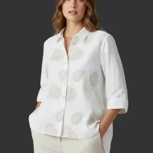 Blusa Blanca Elegante para Mujer con Estampado de Hojas Beige