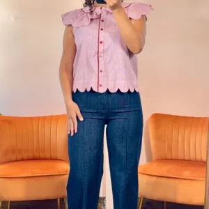 Blusa Sin Mangas Rayas Rosa Cuello Babero Volantes | Ropa para Mujer en Panamá
