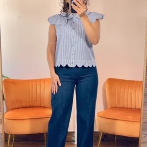 Blusa Sin Mangas Rayas Azul Cuello Babero Volantes | Ropa para Mujer en Panamá