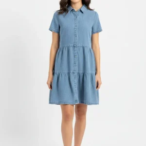 Vestido Camisero de Mezclilla con Volantes Escalonados - Manga Corta/ Vestido para Mujer en Panamá