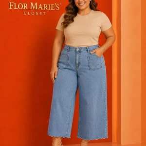 Pantalón Culotte Jean Tallas Grandes Mujer con Bolsillos Bordado Ondas | Jeans para Mujer en Panamá