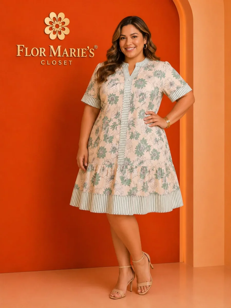 Vestido Floral Plus Size con Ribete a Rayas/Vestido para Mujer en Panamá