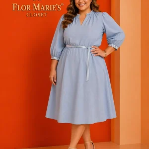 Vestido Midi Celeste Manga 3/4 con Cinturón Cuello Fruncido y Corte Evasé/Vestido Tallas Grandes para Mujer en Panamá