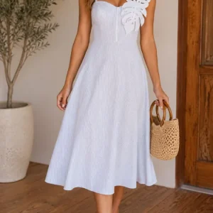 Vestido Midi Blanco con Rayas Verdes para Mujer en Panamá/Vestido Casual Elegante con Aplique Tropical