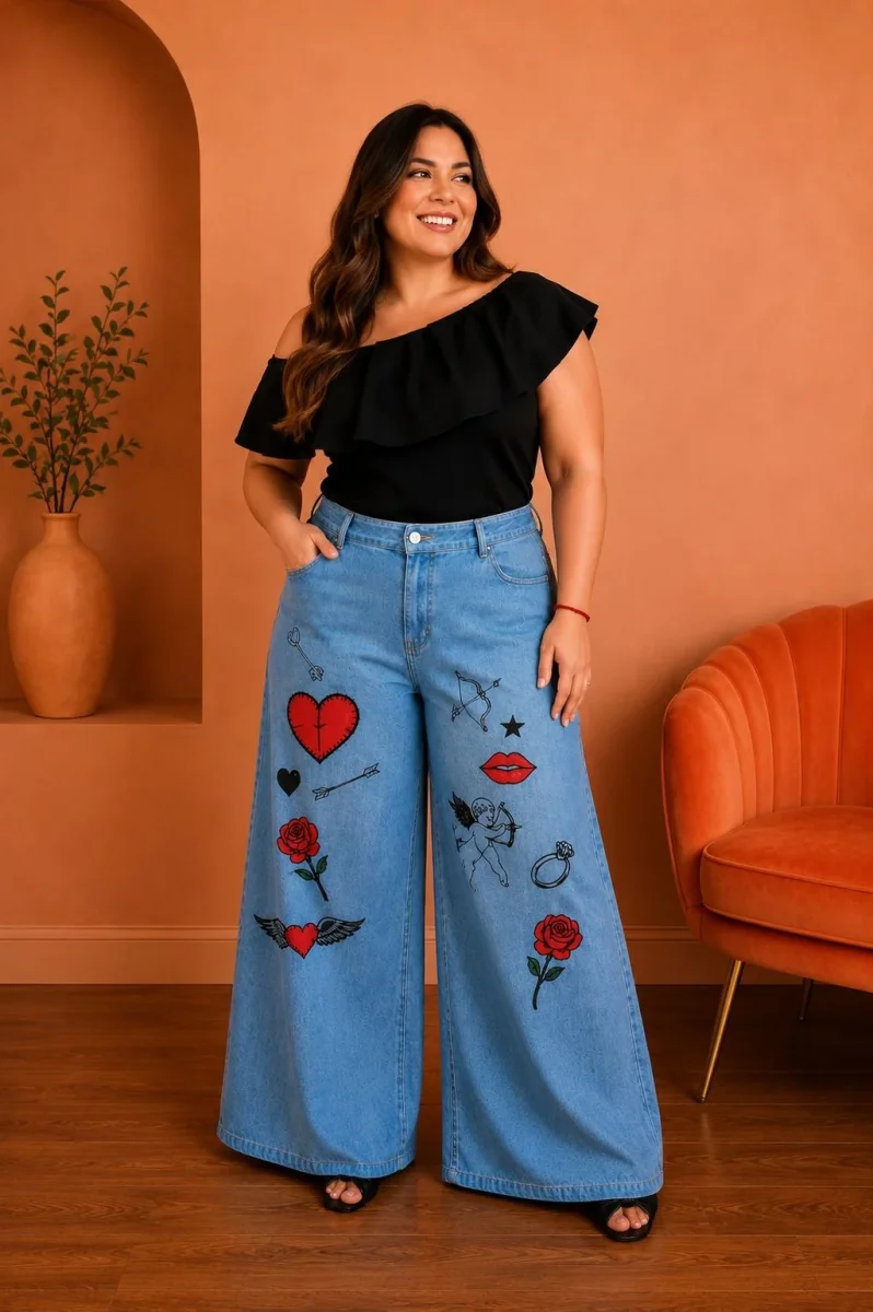Pantalón Palazzo Plus Size de Mezclilla Bordado Corazones y Rosas/Jeans Ancho para Mujer Curvy en Panamá