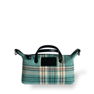 MINIBOLSO BANDOLERA - ESCOCES AZUL CELESTE Y CUERO NEGRO