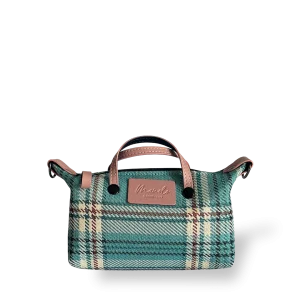 MINIBOLSO BANDOLERA - ESCOCES AZUL CELESTE Y CUERO ROSA