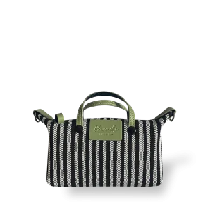 MINIBOLSO BANDOLERA - ESTRIBERA RAYAS BLAN Y NEGRO CON CUERO PISTACHO